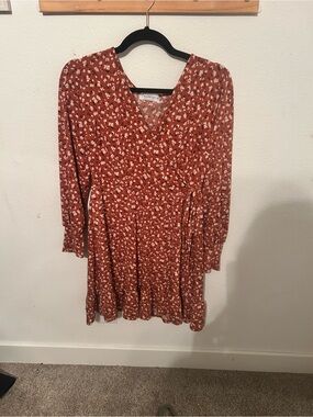 Kaileigh Rust Floral Faux Wrap Dress Petite Medium Boho Cottagecore